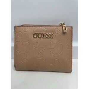 guess fold over zip small wallet latte color logo embossed